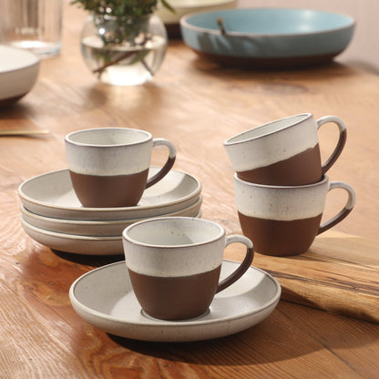 Gibson Elite William Crest 8 Piece Cup & Saucer Set, 4 Stoneware Cups & 4 Saucers, Reactive Glaze Finish, 3.5oz Espresso Cups, 5.5” Saucers, Round Coffee Set, Microwave & Dishwasher Safe