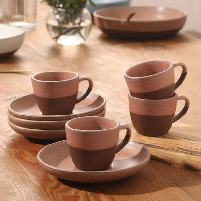 Gibson Elite William Crest 8 Piece Cup & Saucer Set, 4 Stoneware Cups & 4 Saucers, Reactive Glaze Finish, 3.5oz Espresso Cups, 5.5” Saucers, Round Coffee Set, Microwave & Dishwasher Safe