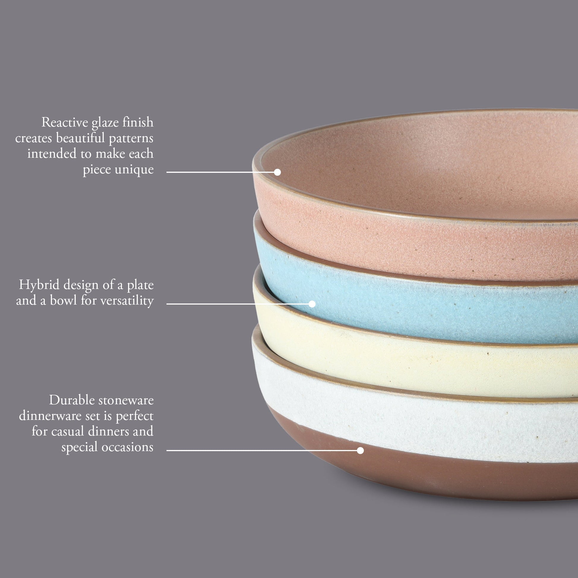 Gibson Elite William Crest 4 Piece Dinner Bowl Set, 8.5” Round Stoneware Bowls, Reactive Glaze Finish, Large Soup, Pasta & Salad Bowls, Microwave & Dishwasher Safe
