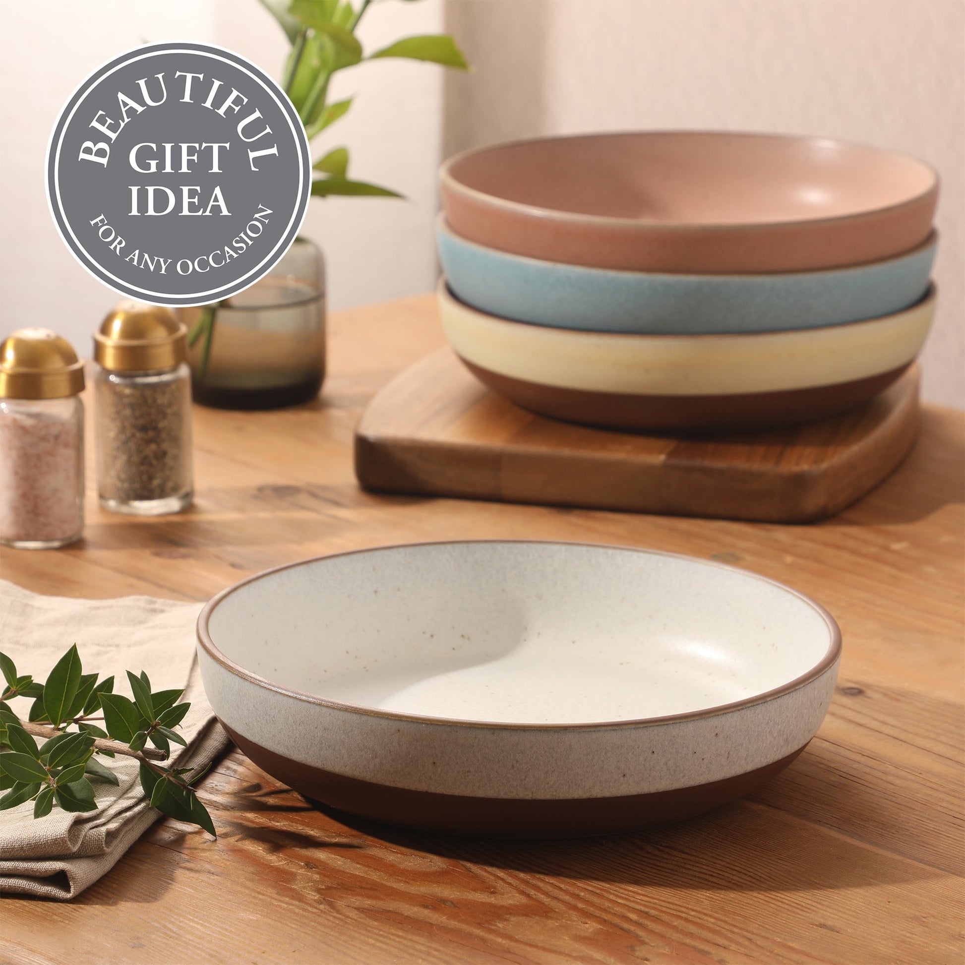 Gibson Elite William Crest 4 Piece Dinner Bowl Set, 8.5” Round Stoneware Bowls, Reactive Glaze Finish, Large Soup, Pasta & Salad Bowls, Microwave & Dishwasher Safe