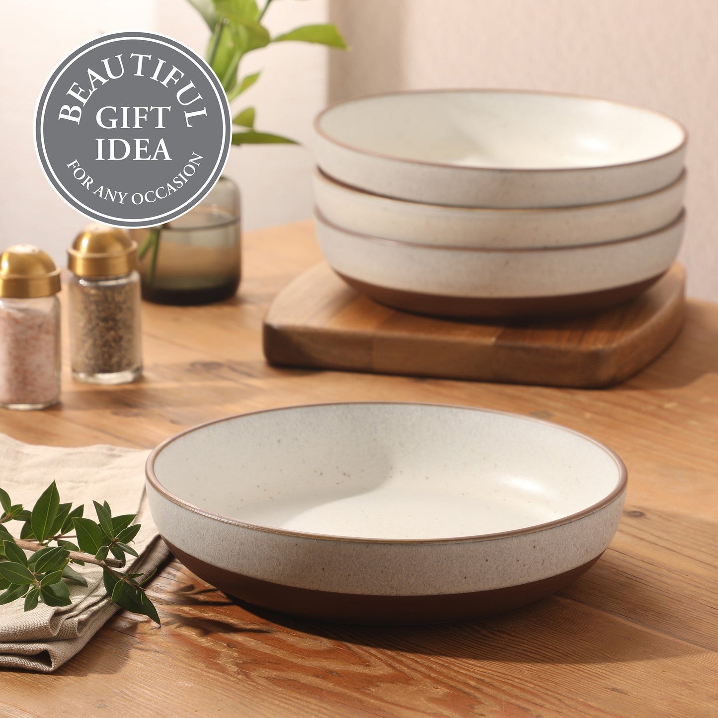 Gibson Elite William Crest 4 Piece Dinner Bowl Set, 8.5” Round Stoneware Bowls, Reactive Glaze Finish, Large Soup, Pasta & Salad Bowls, Microwave & Dishwasher Safe