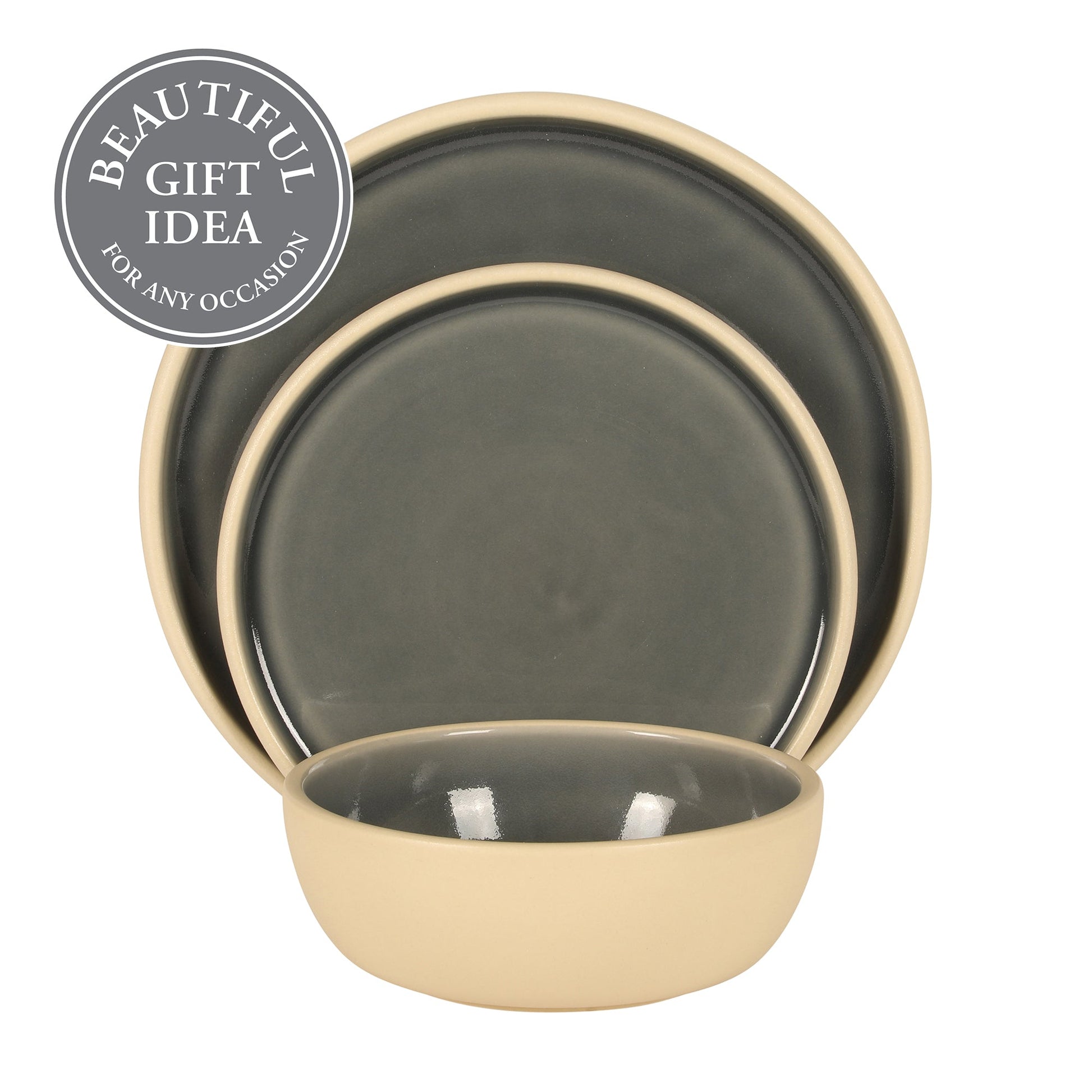 Gibson Elite - Made in Portugal - Port Gaia 12 Piece (Service for 4) Plates and Bowls Reactive Glaze Dishes Stoneware Ceramic Dinnerware Set