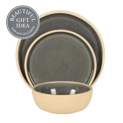 Gibson Elite - Made in Portugal - Port Gaia 12 Piece (Service for 4) Plates and Bowls Reactive Glaze Dishes Stoneware Ceramic Dinnerware Set
