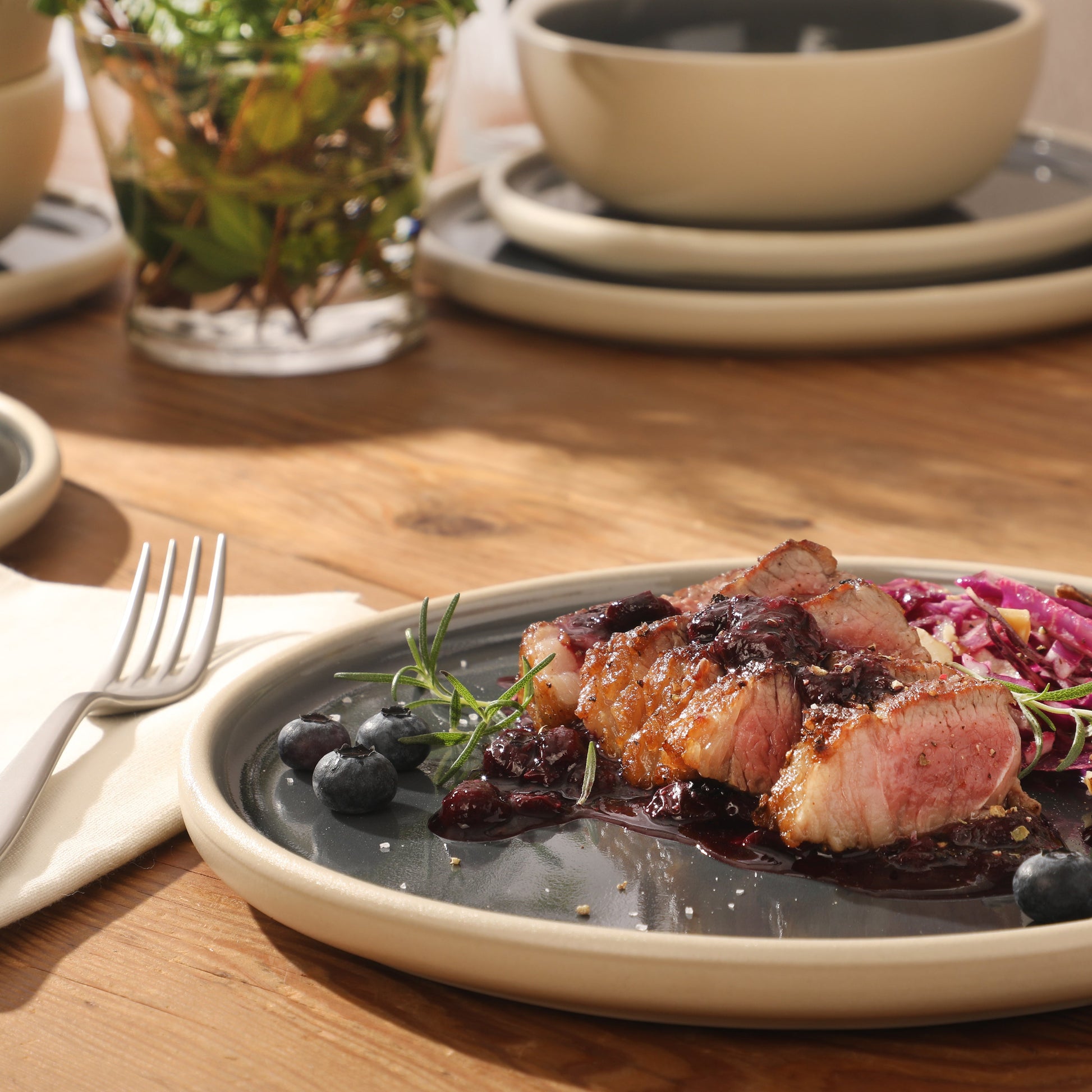 Gibson Elite - Made in Portugal - Port Gaia 12 Piece (Service for 4) Plates and Bowls Reactive Glaze Dishes Stoneware Ceramic Dinnerware Set
