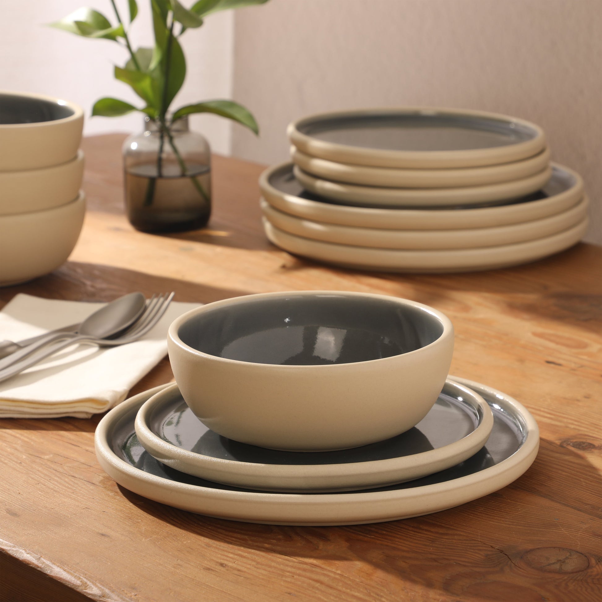 Gibson Elite - Made in Portugal - Port Gaia 12 Piece (Service for 4) Plates and Bowls Reactive Glaze Dishes Stoneware Ceramic Dinnerware Set