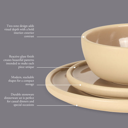 Gibson Elite - Made in Portugal - Port Gaia 12 Piece (Service for 4) Plates and Bowls Reactive Glaze Dishes Stoneware Ceramic Dinnerware Set