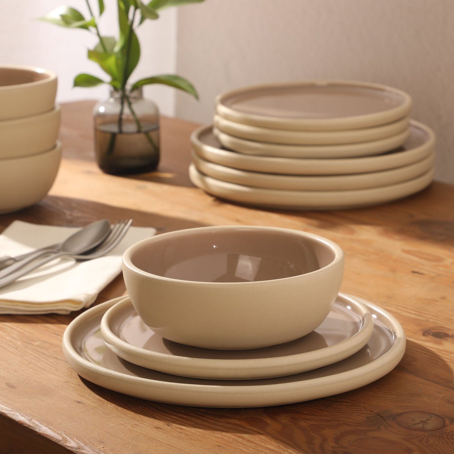 Gibson Elite - Made in Portugal - Port Gaia 12 Piece (Service for 4) Plates and Bowls Reactive Glaze Dishes Stoneware Ceramic Dinnerware Set