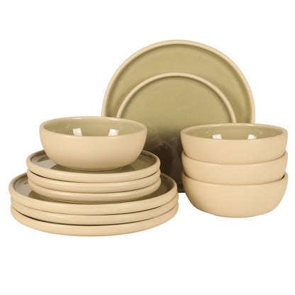 Gibson Elite - Made in Portugal - Port Gaia 12 Piece (Service for 4) Plates and Bowls Reactive Glaze Dishes Stoneware Ceramic Dinnerware Set