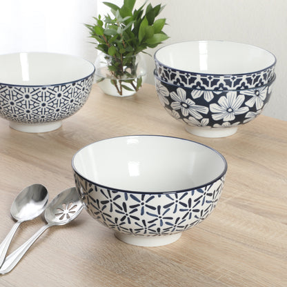 Gibson Home Castle Way 4-Piece Serving Bowl Set, 8 Inch Round Stoneware Bowls, Blue & White Assorted Pattern, Decorative Everyday Use