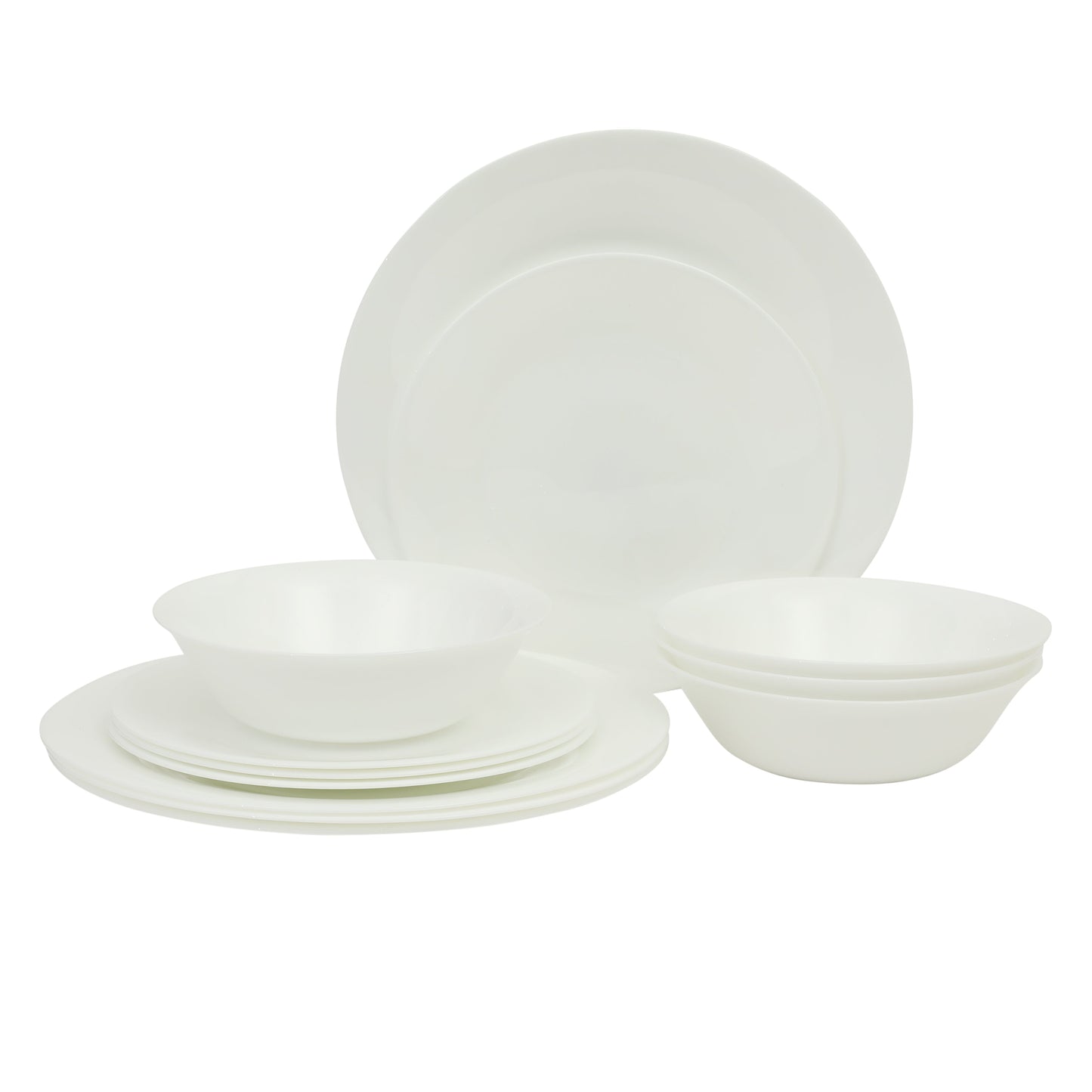 Gibson Home Vanilla Hills 12-Piece Opal Glass Dinnerware Set, Service for 4 – Includes 10" Dinner Plates, 8.5" Salad Plates & Bowls – Microwave Safe, Dishwasher Safe, Chip Resistant – White, Round