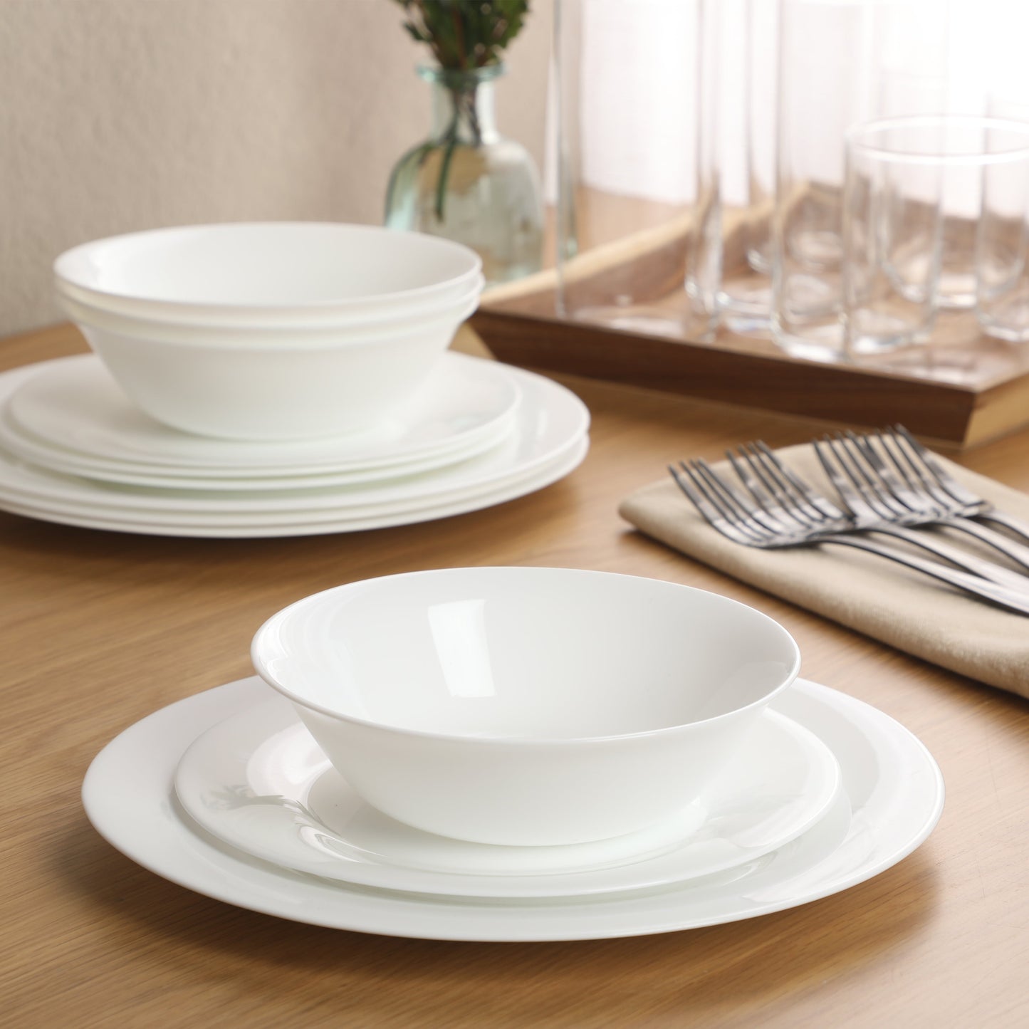 Gibson Home Vanilla Hills 12-Piece Opal Glass Dinnerware Set, Service for 4 – Includes 10" Dinner Plates, 8.5" Salad Plates & Bowls – Microwave Safe, Dishwasher Safe, Chip Resistant – White, Round
