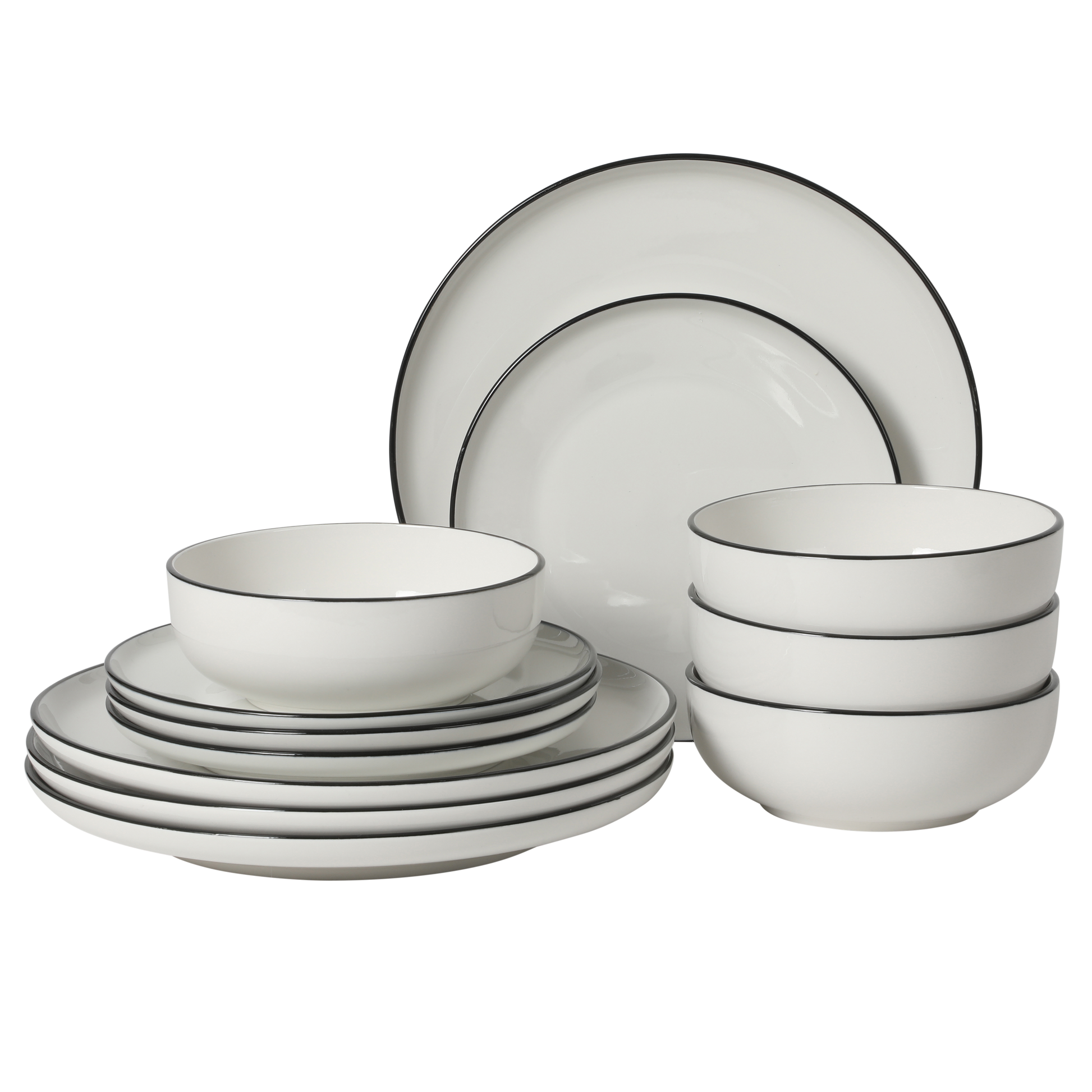 Gibson Home Havenstone 12-Piece Porcelain Dinnerware Set – Dinner Plates, Salad Plates & Bowls, Classic White With Black Rim Everyday Dish Set for Home, Kitchen, Microwave & Dishwasher Safe