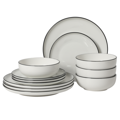 Gibson Home Havenstone 12-Piece Porcelain Dinnerware Set – Dinner Plates, Salad Plates & Bowls, Classic White With Black Rim Everyday Dish Set for Home, Kitchen, Microwave & Dishwasher Safe