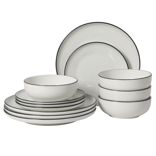 Gibson Home Havenstone 12-Piece Porcelain Dinnerware Set – Dinner Plates, Salad Plates & Bowls, Classic White With Black Rim Everyday Dish Set for Home, Kitchen, Microwave & Dishwasher Safe