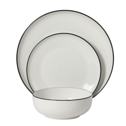 Gibson Home Havenstone 12-Piece Porcelain Dinnerware Set – Dinner Plates, Salad Plates & Bowls, Classic White With Black Rim Everyday Dish Set for Home, Kitchen, Microwave & Dishwasher Safe