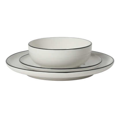 Gibson Home Havenstone 12-Piece Porcelain Dinnerware Set – Dinner Plates, Salad Plates & Bowls, Classic White With Black Rim Everyday Dish Set for Home, Kitchen, Microwave & Dishwasher Safe