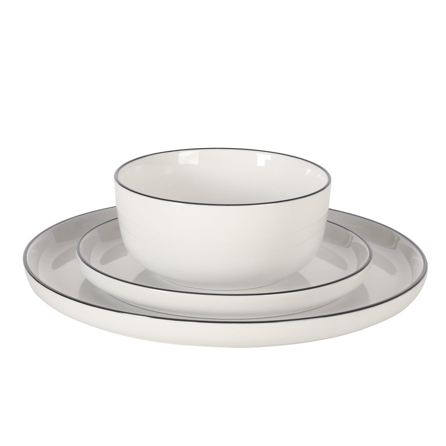 Gibson Home Oslo 12-Piece Porcelain Dinnerware Set – Dinner Plates, Salad Plates & Bowls, Classic White With Black Rim Everyday Dish Set for Home, Kitchen, Microwave & Dishwasher Safe