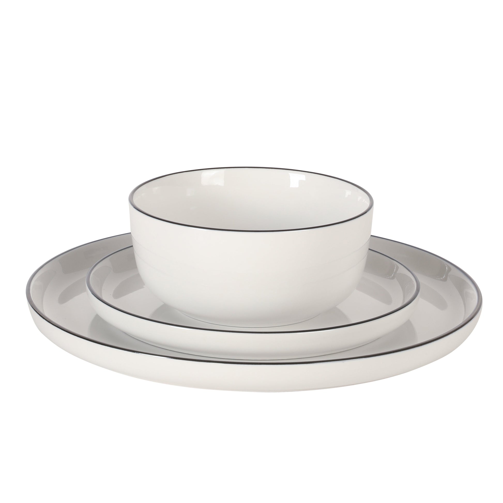 Gibson Home Oslo 12-Piece Porcelain Dinnerware Set – Dinner Plates, Salad Plates & Bowls, Classic White With Black Rim Everyday Dish Set for Home, Kitchen, Microwave & Dishwasher Safe