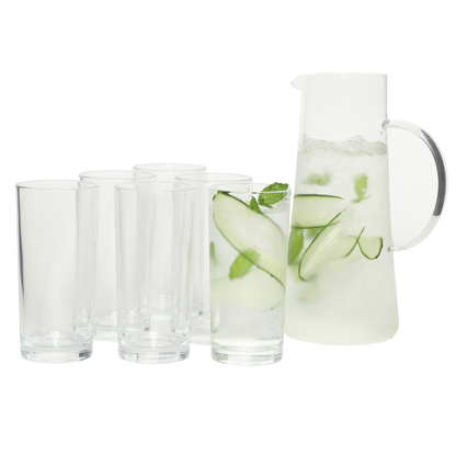 Gibson Home Boozy Brunch 7 Piece Glass Pitcher & Tumbler Set – 1.5L Pitcher with Six 13–14oz Tumblers, Everyday Beverage & Entertaining Drinkware Set, Dishwasher Safe