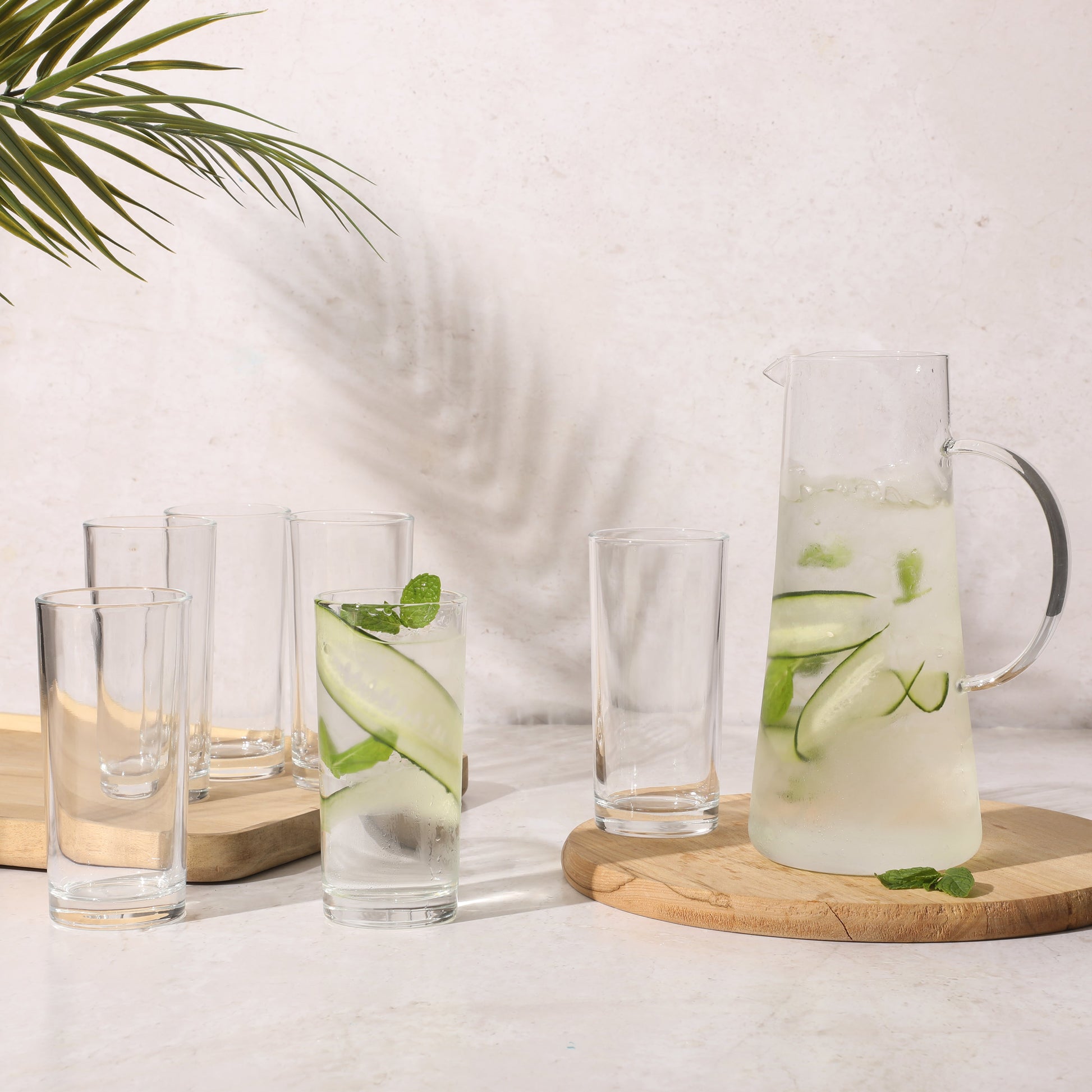 Gibson Home Boozy Brunch 7 Piece Glass Pitcher & Tumbler Set – 1.5L Pitcher with Six 13–14oz Tumblers, Everyday Beverage & Entertaining Drinkware Set, Dishwasher Safe