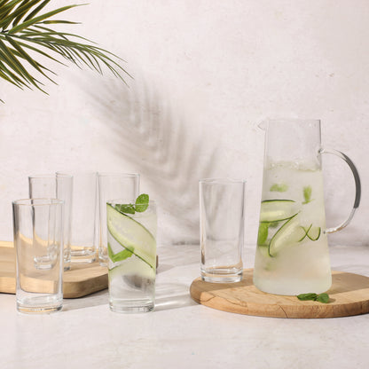 Gibson Home Boozy Brunch 7 Piece Glass Pitcher & Tumbler Set – 1.5L Pitcher with Six 13–14oz Tumblers, Everyday Beverage & Entertaining Drinkware Set, Dishwasher Safe