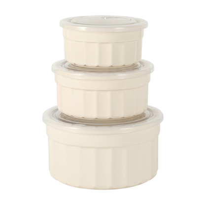 Martha Stewart Broadbrook 6 Piece Stoneware Meal Prep Container Set with Lids, Rectangular/Round Food Storage & Bakeware, Cream, Oven, Microwave & Dishwasher Safe
