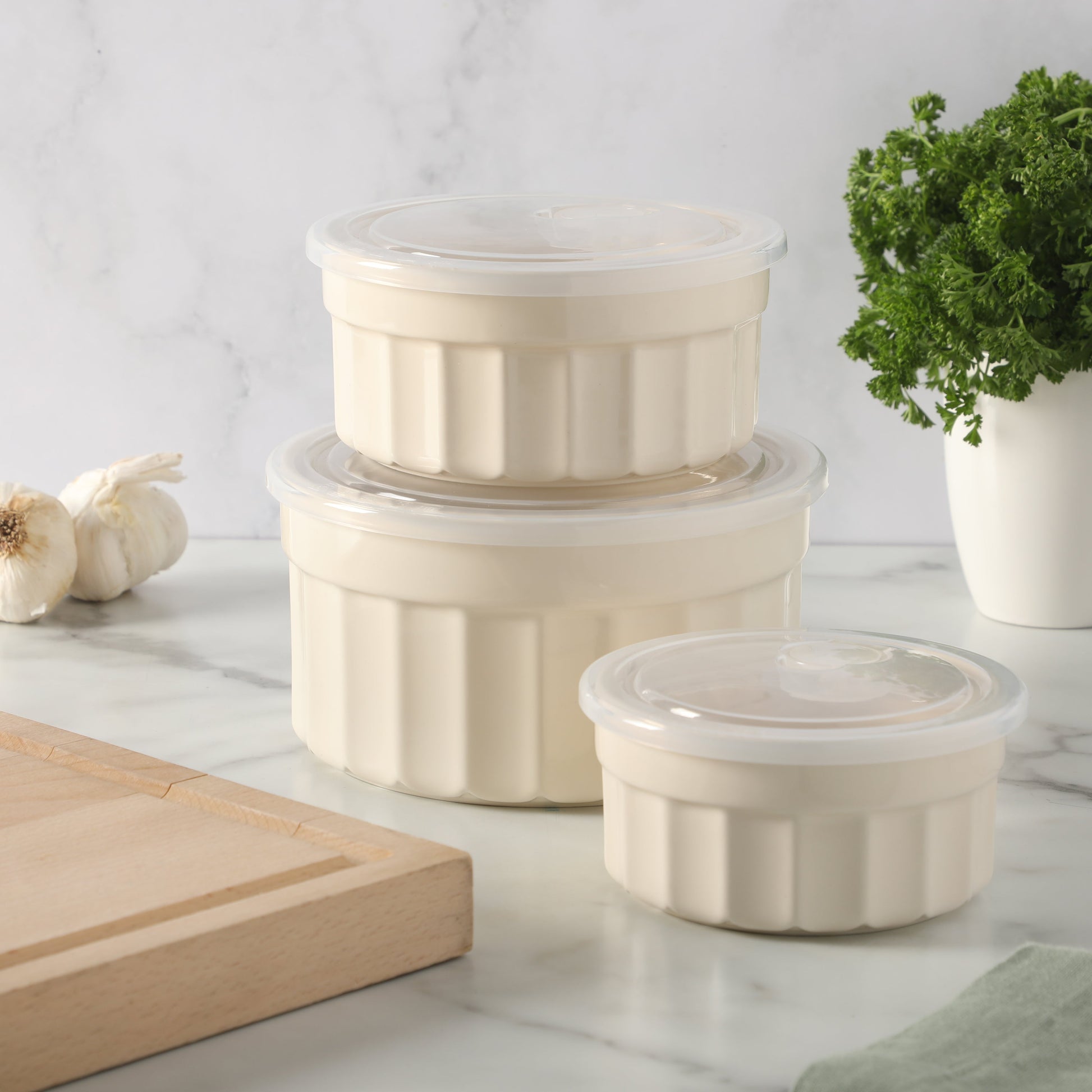 Martha Stewart Broadbrook 6 Piece Stoneware Meal Prep Container Set with Lids, Rectangular/Round Food Storage & Bakeware, Cream, Oven, Microwave & Dishwasher Safe