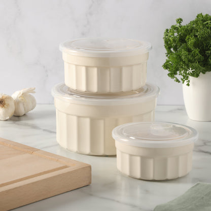 Martha Stewart Broadbrook 6 Piece Stoneware Meal Prep Container Set with Lids, Rectangular/Round Food Storage & Bakeware, Cream, Oven, Microwave & Dishwasher Safe