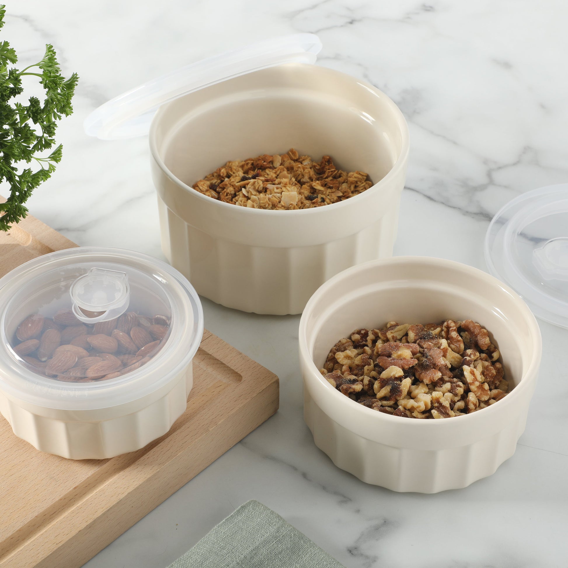 Martha Stewart Broadbrook 6 Piece Stoneware Meal Prep Container Set with Lids, Rectangular/Round Food Storage & Bakeware, Cream, Oven, Microwave & Dishwasher Safe