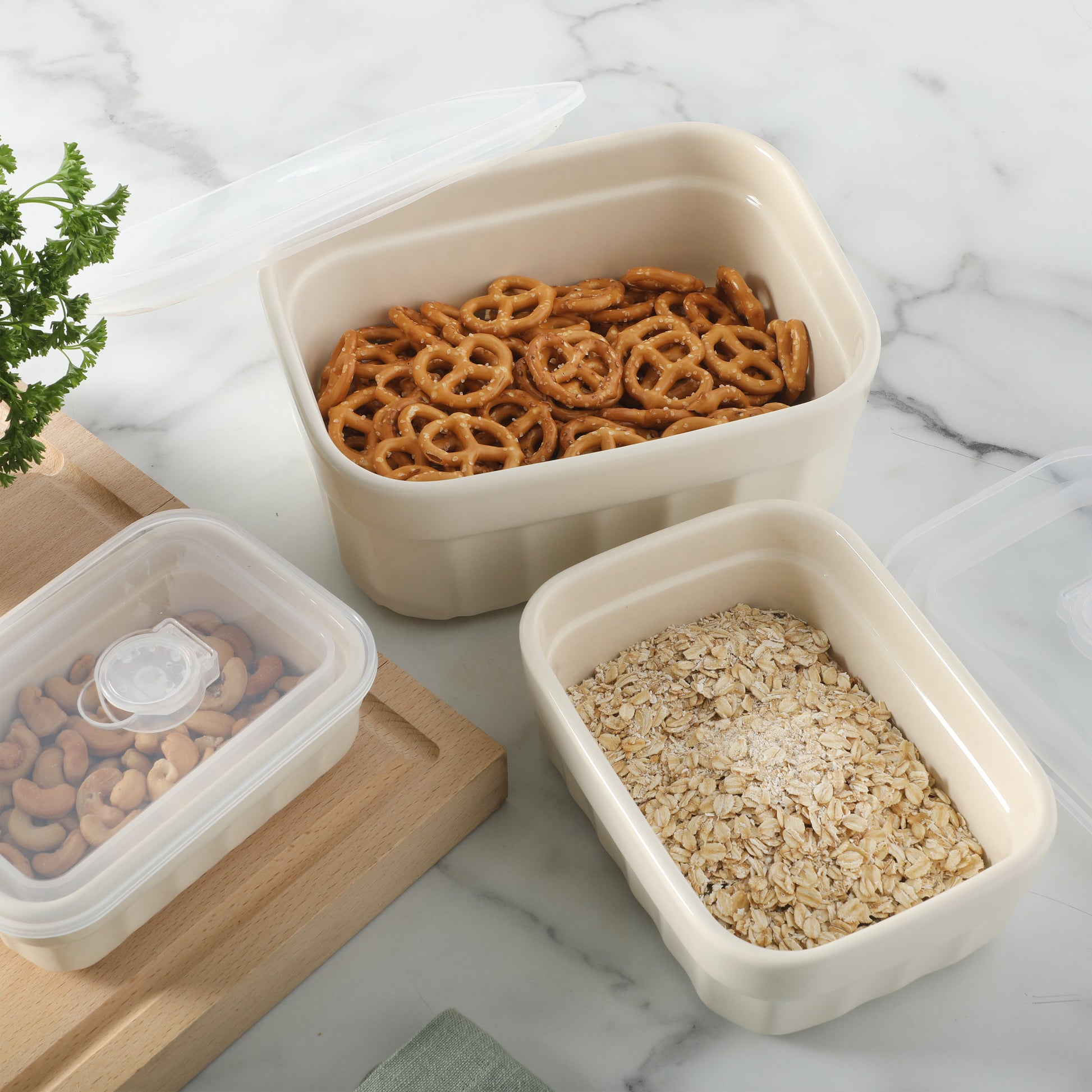 Martha Stewart Broadbrook 6 Piece Stoneware Meal Prep Container Set with Lids, Rectangular/Round Food Storage & Bakeware, Cream, Oven, Microwave & Dishwasher Safe