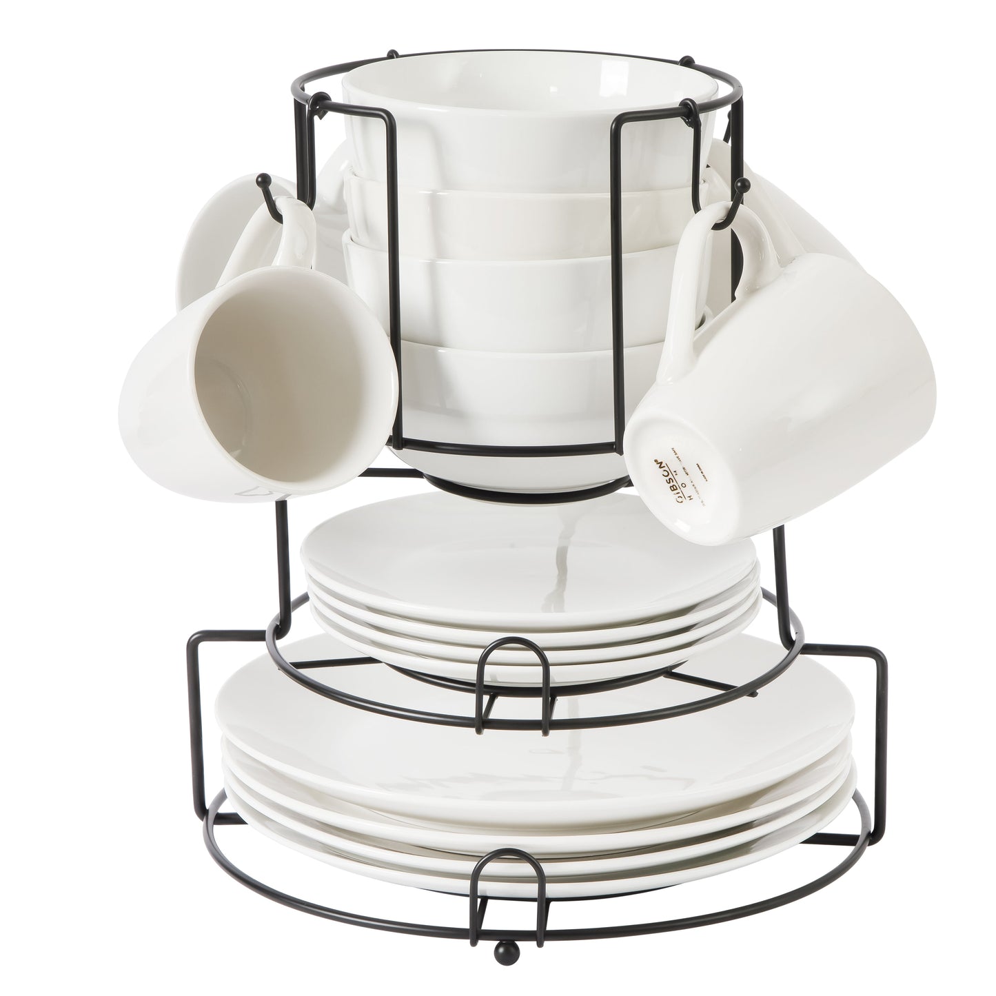 Gibson Home 17-Piece Porcelain Plates and Bowls Set W/Metal Rack - Plates, Bowls & Mugs Dinnerware Set for 4 - White