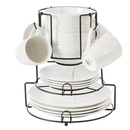 Gibson Home 17-Piece Porcelain Plates and Bowls Set W/Metal Rack - Plates, Bowls & Mugs Dinnerware Set for 4 - White