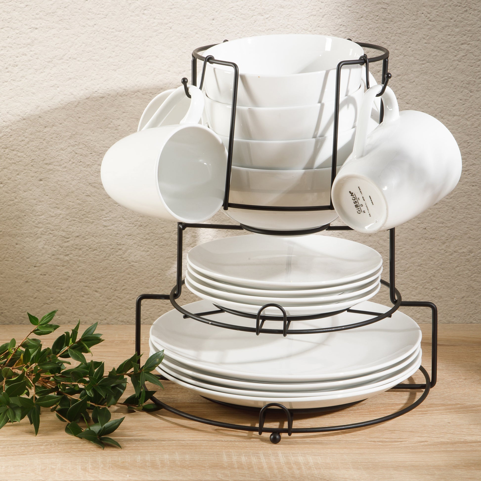 Gibson Home 17-Piece Porcelain Plates and Bowls Set W/Metal Rack - Plates, Bowls & Mugs Dinnerware Set for 4 - White