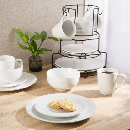 Gibson Home 17-Piece Porcelain Plates and Bowls Set W/Metal Rack - Plates, Bowls & Mugs Dinnerware Set for 4 - White