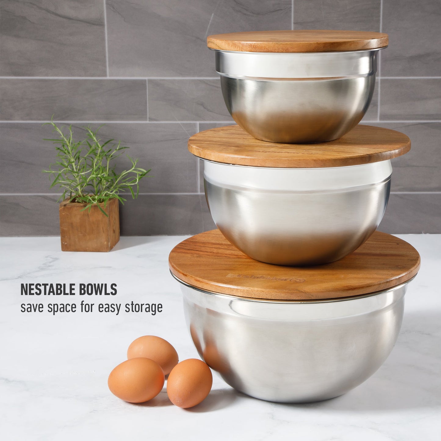 Calphalon Orbit 3 Piece Mixing Bowl Set W/ Acacia Wood Lids