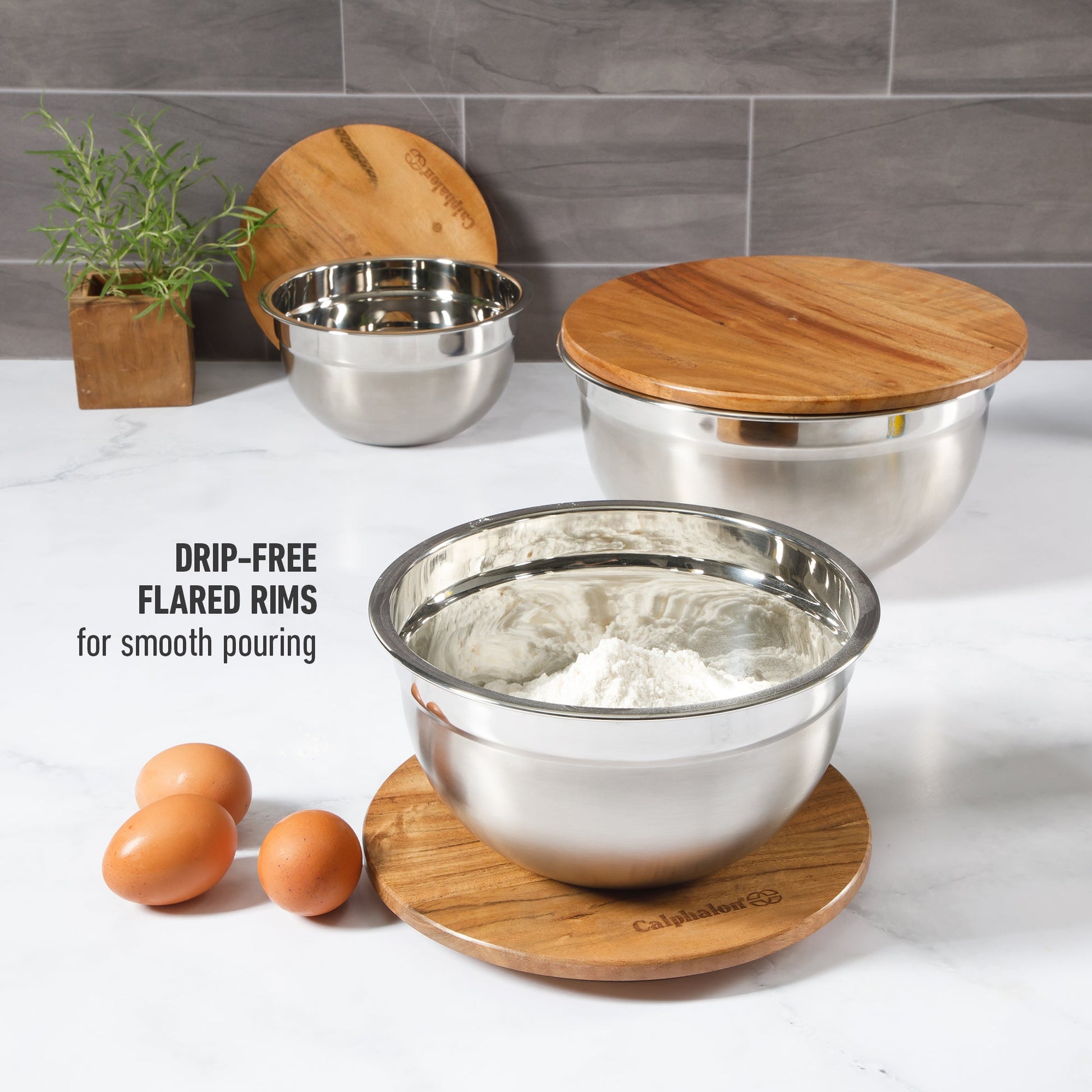 Calphalon Orbit 3 Piece Mixing Bowl Set W/ Acacia Wood Lids