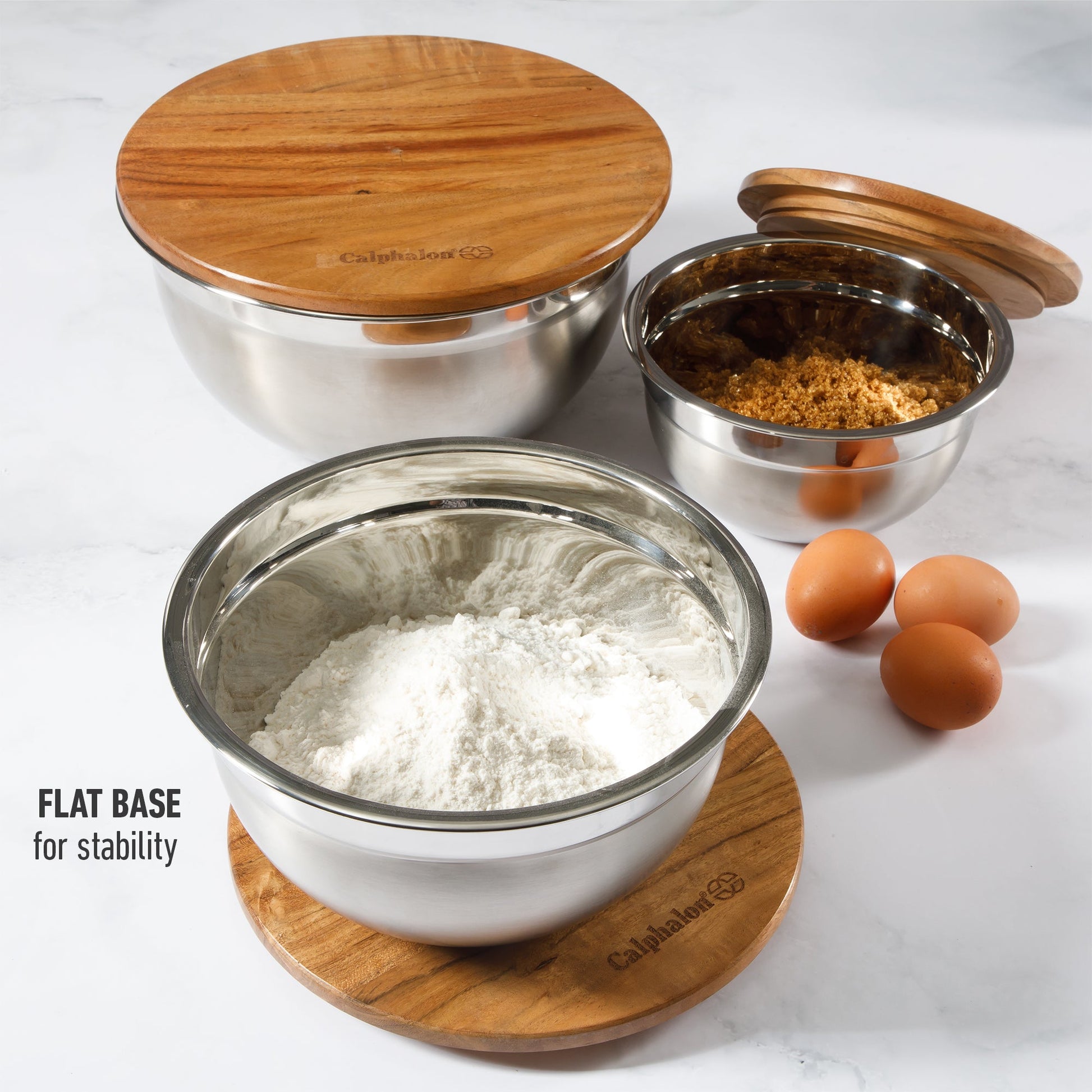 Calphalon Orbit 3 Piece Mixing Bowl Set W/ Acacia Wood Lids