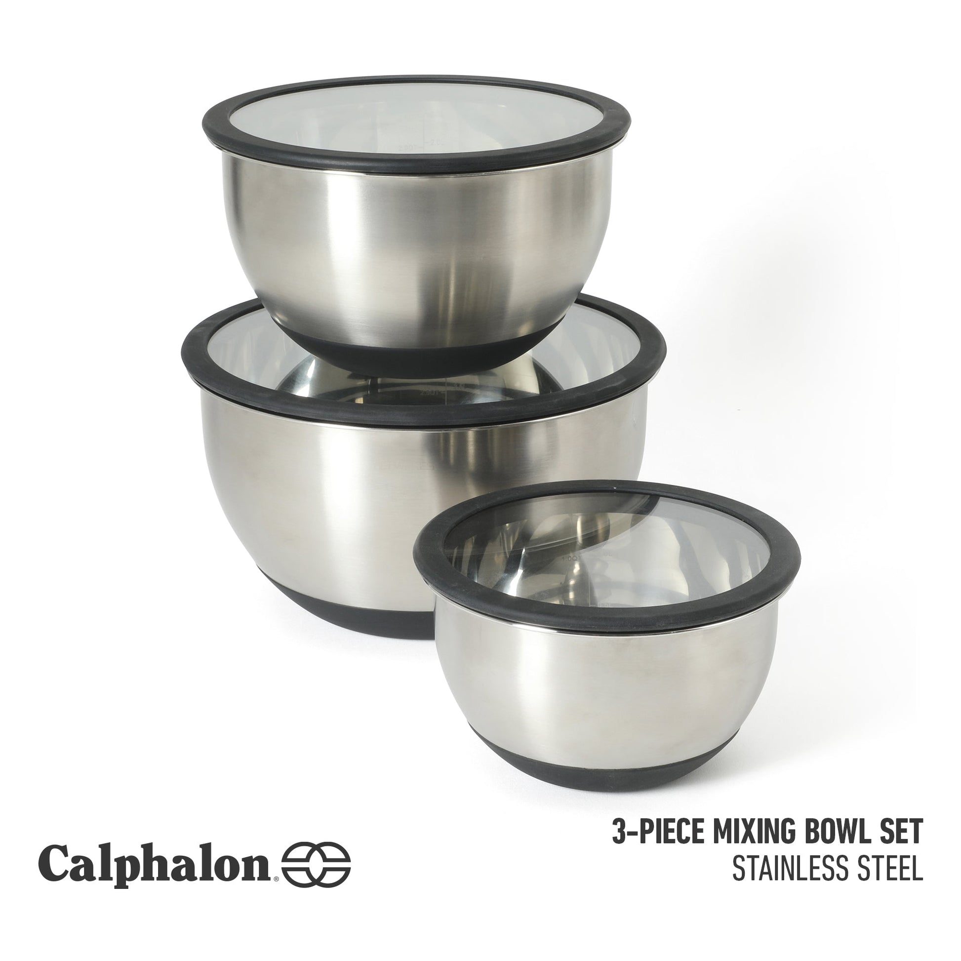 Calphalon Orbit 3 Piece Mixing Bowl Set W/ Glass Lids and Silicone Nonslip Base