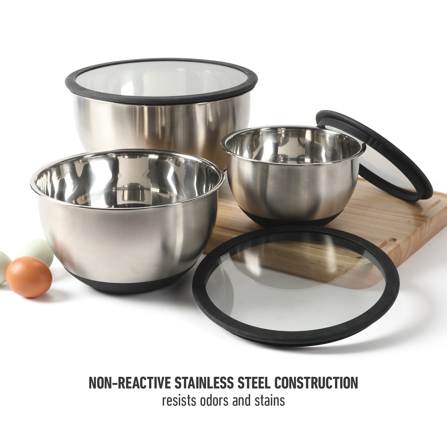 Calphalon Orbit 3 Piece Mixing Bowl Set W/ Glass Lids and Silicone Nonslip Base