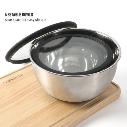 Calphalon Orbit 3 Piece Mixing Bowl Set W/ Glass Lids and Silicone Nonslip Base