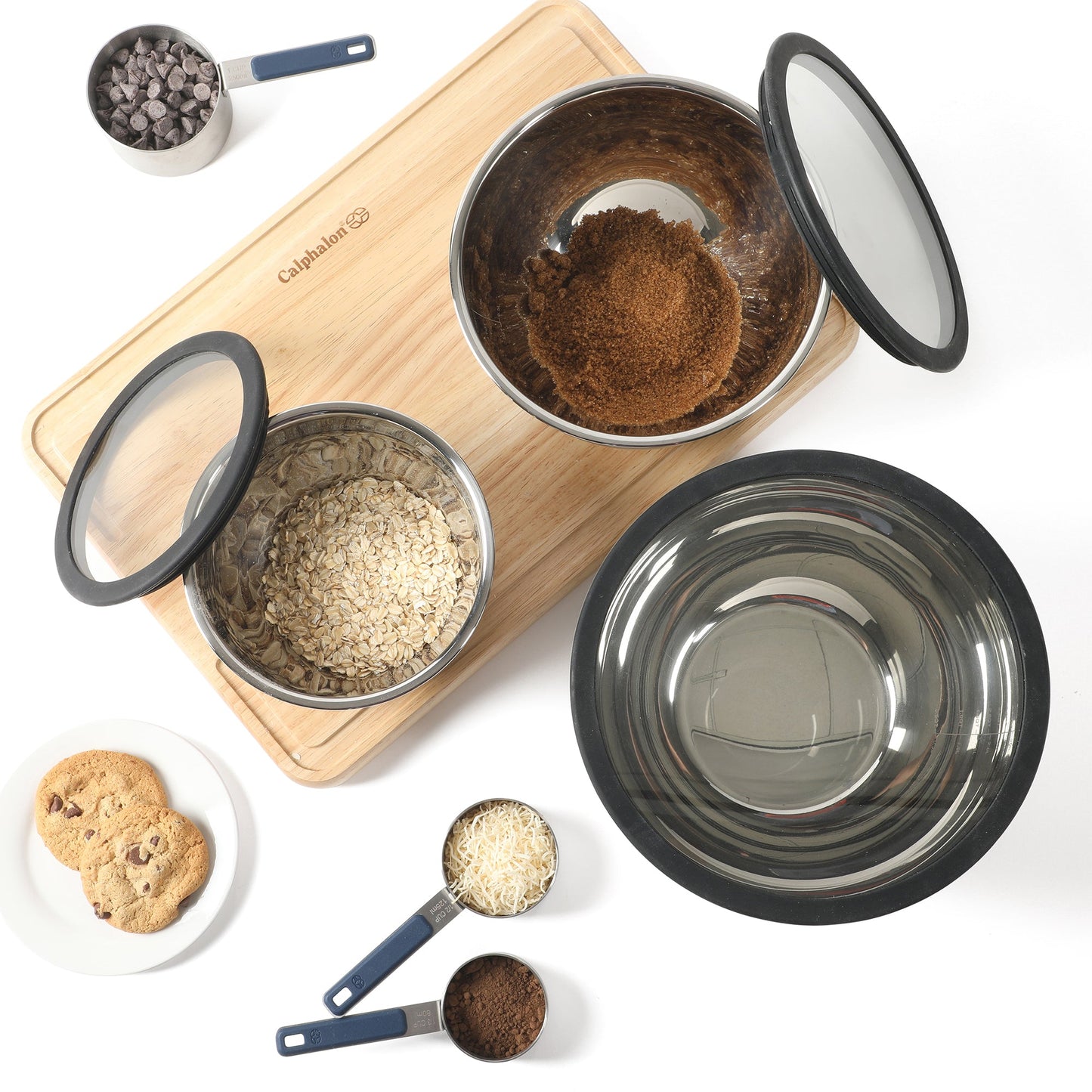 Calphalon Orbit 3 Piece Mixing Bowl Set W/ Glass Lids and Silicone Nonslip Base