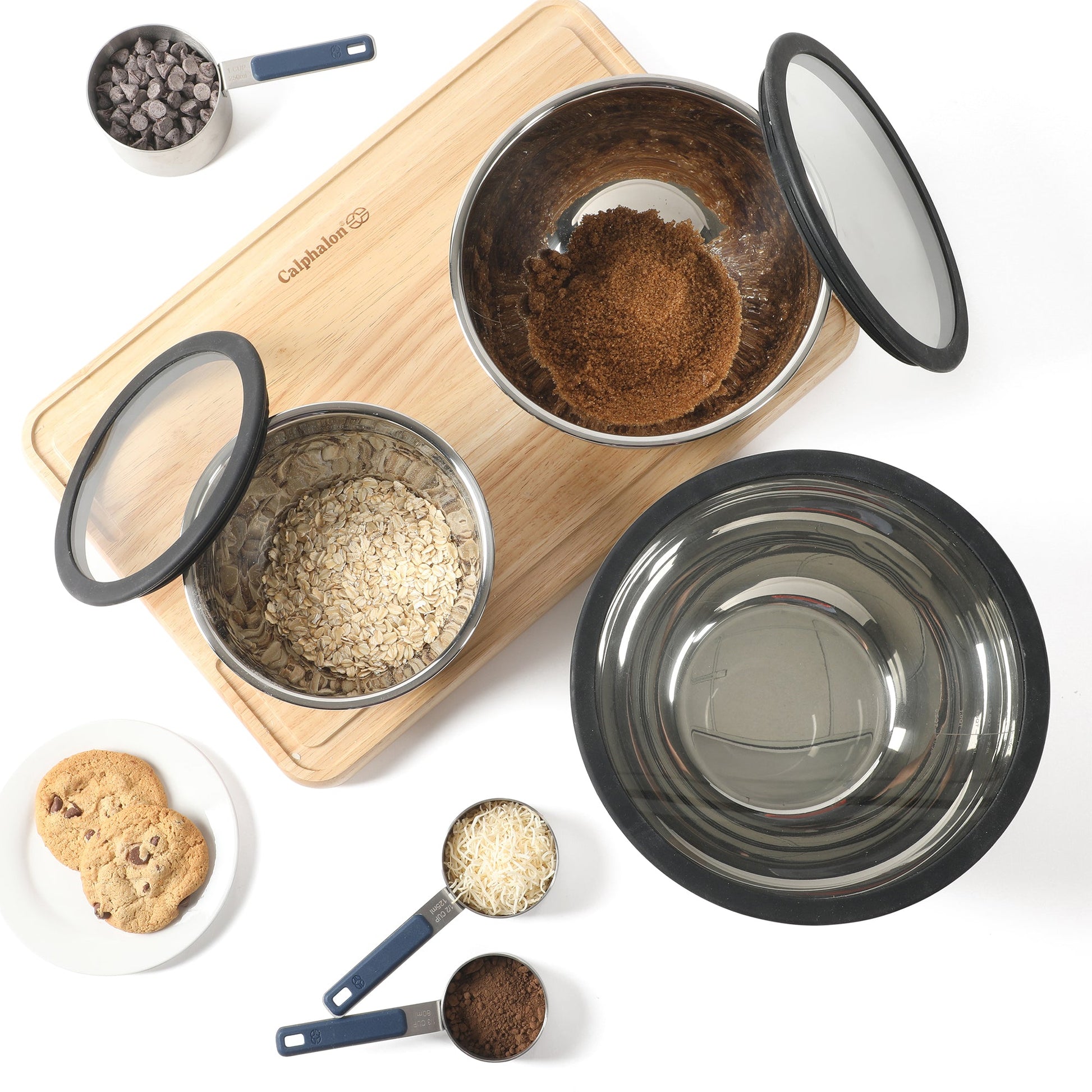 Calphalon Orbit 3 Piece Mixing Bowl Set W/ Glass Lids and Silicone Nonslip Base