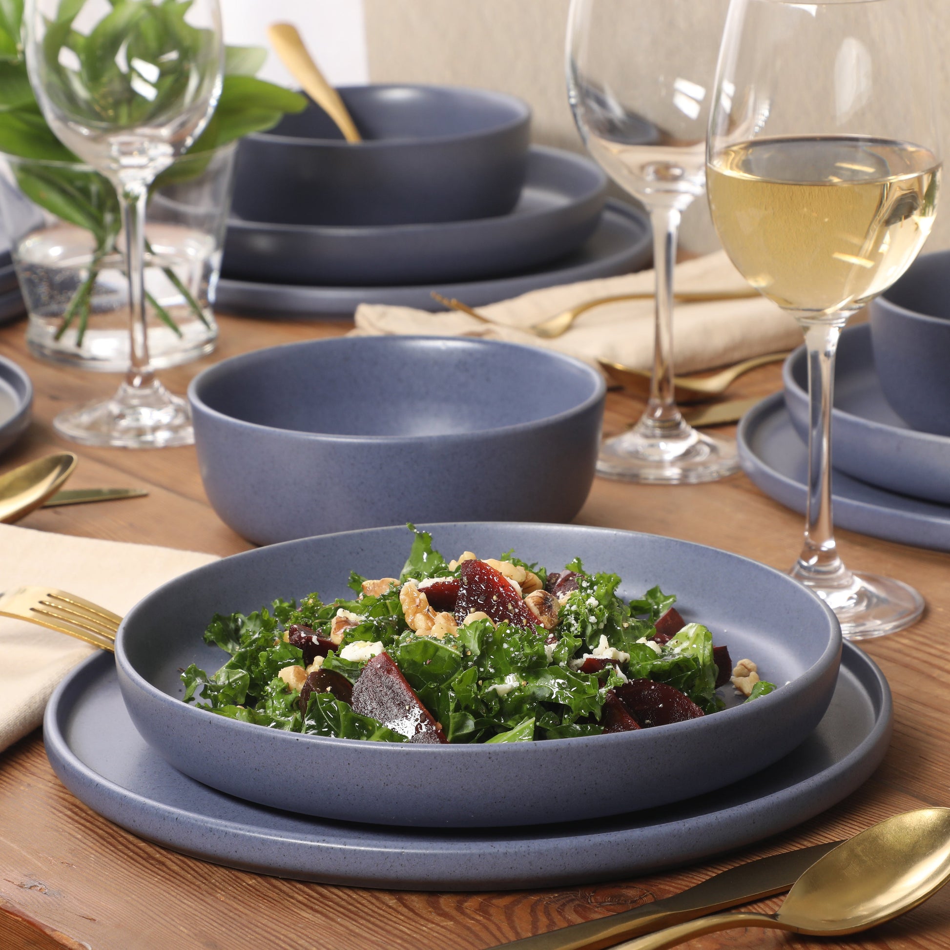 Gibson Elite Bayou Moon Plates and Bowls Sets, 16-Piece Matte Stoneware Dinnerware Sets, Solid Color Reactive Glaze Dish Set, Service for 4