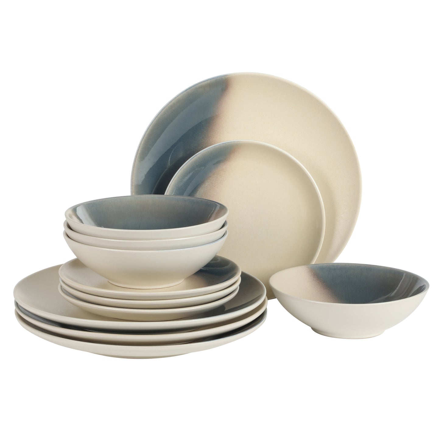 Gibson Elite Crescenton Plates and Bowls Sets, 12-Piece Stoneware Dinnerware Sets, Round Reactive Glaze Dish Set, Service for 4