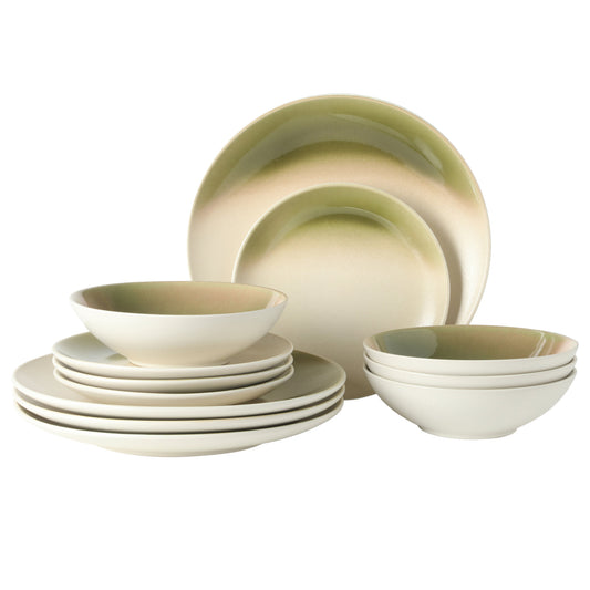Gibson Elite Crescenton Plates and Bowls Sets, 12-Piece Stoneware Dinnerware Sets, Round Reactive Glaze Dish Set, Service for 4