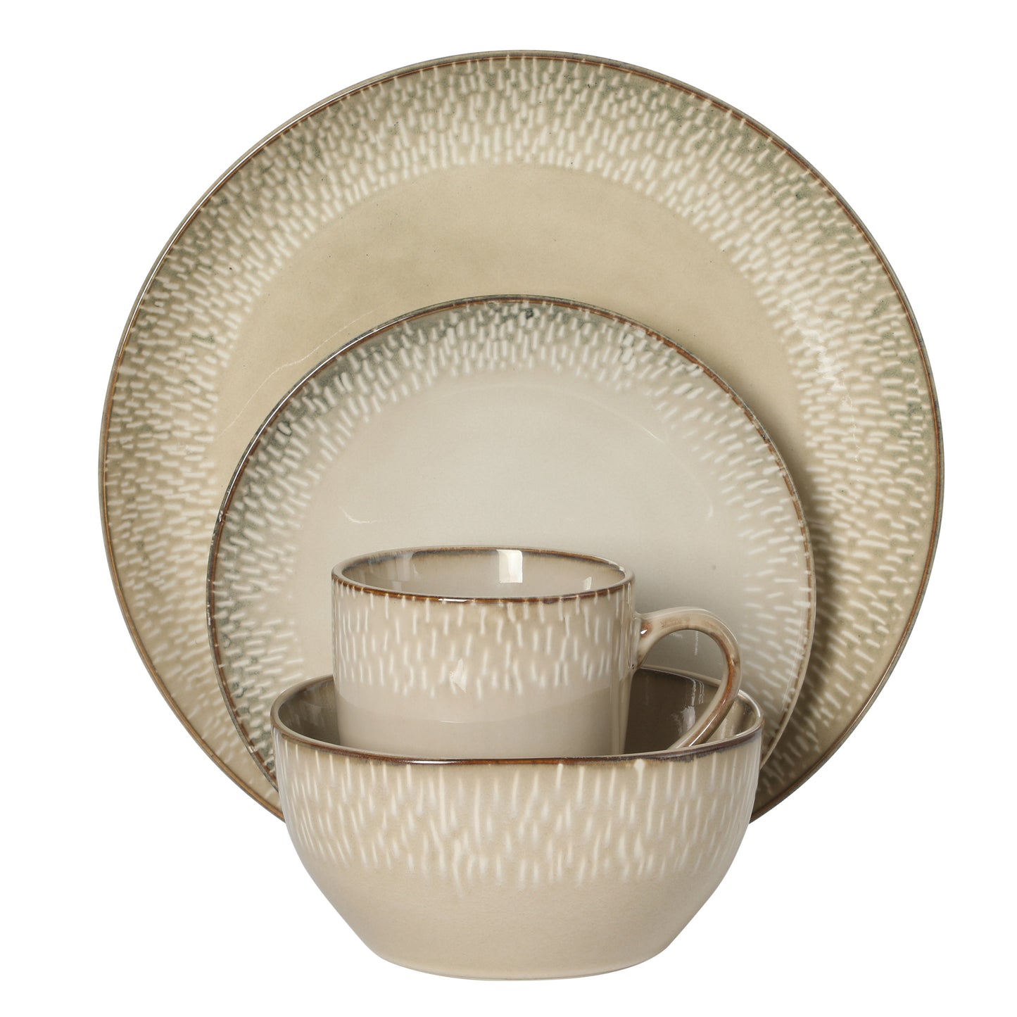 Gibson Elite Jasper 16 Piece Plates and Bowls Reactive Glaze Dishes Stoneware Ceramic Dinnerware Set - Service for 4 - Taupe