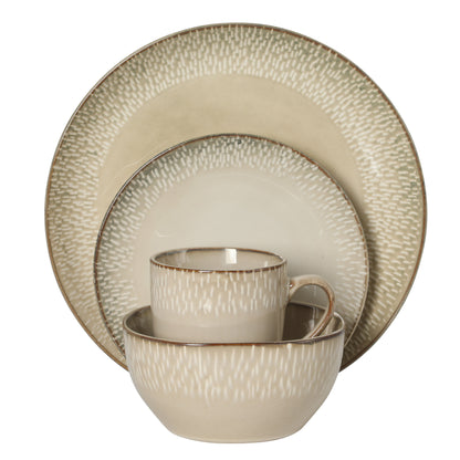 Gibson Elite Jasper 16 Piece Plates and Bowls Reactive Glaze Dishes Stoneware Ceramic Dinnerware Set - Service for 4 - Taupe