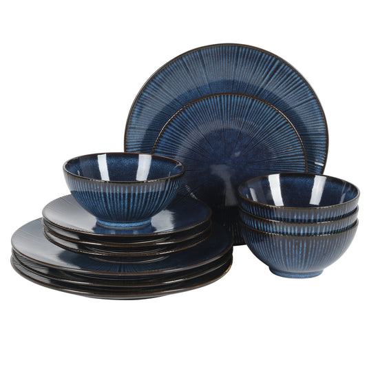 Gibson Elite Midnight Luna Plates and Bowls Sets, 12-Piece Stoneware Dinnerware Sets, Reactive Glaze Dish Set - Blue