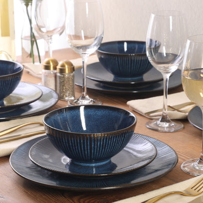 Gibson Elite Midnight Luna Plates and Bowls Sets, 12-Piece Stoneware Dinnerware Sets, Reactive Glaze Dish Set - Blue