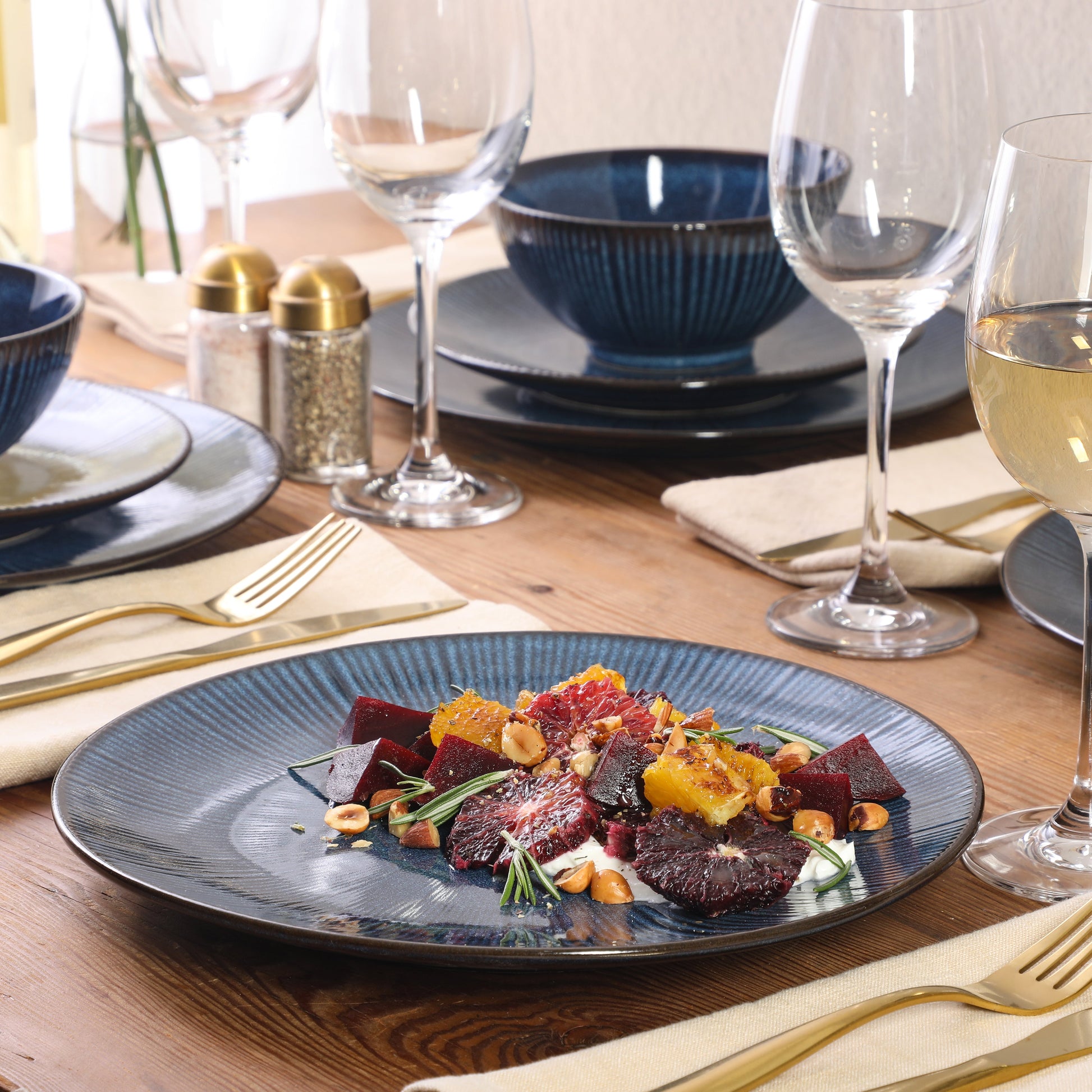 Gibson Elite Midnight Luna Plates and Bowls Sets, 12-Piece Stoneware Dinnerware Sets, Reactive Glaze Dish Set - Blue